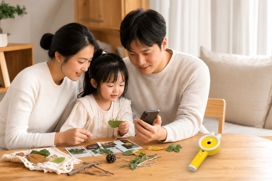 一家人回顾孩子当天的探索记录